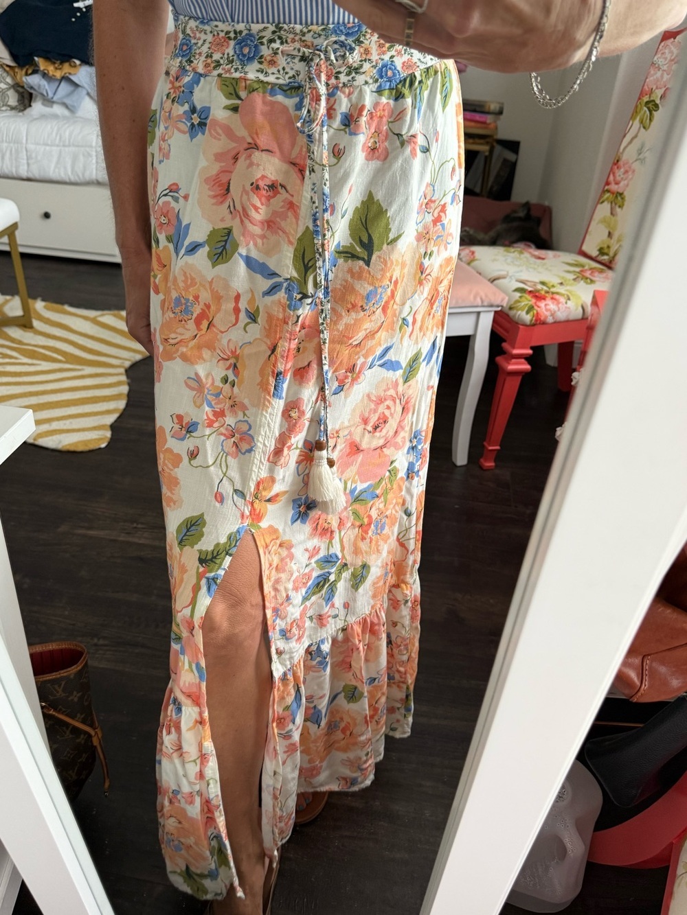 Maaji Floral Maxi Skirt S Pull On Center Slit Tassel Boho Resort Viscose
